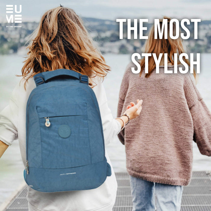 Sapphire Eume backpack on a lady's back with another lady walking in front of her in an outside setting with text "The Most Stylish"
