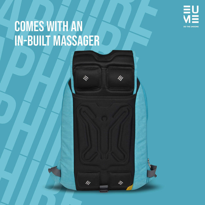 Backside view of sky blue Eume anti-stress built-in massager laptop backpack with two USB port on blue background and text "Comes With An In-Built Massager"