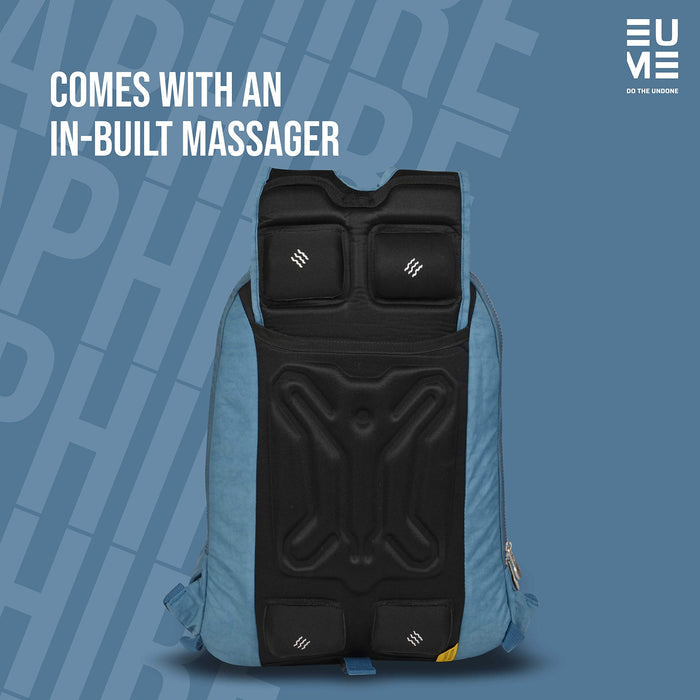 Backside of sapphire Eume backpack on a blue background and text "Comes With An In-Built Massager"