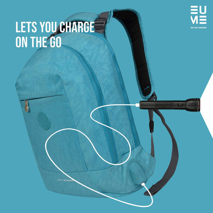 Sky blue Eume anti-stress built-in massager laptop backpack with two USB port with flashlight charging with USB port on a blue background and text "Lets You Charge On The Go"