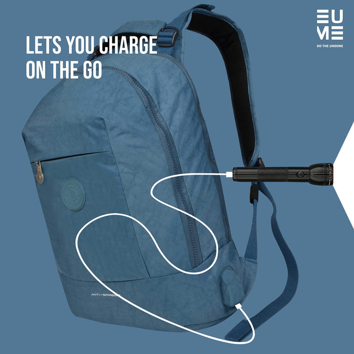 Sapphire Eume backpack with a flashlight charging with an USB port on a blue background and text "Lets You Charge On The Go"