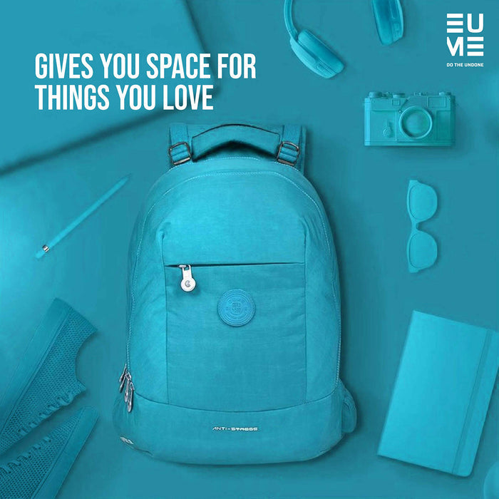 Sky blue Eume anti-stress built-in massager laptop backpack on a blue background with blue colored items that fit inside the backpack and text "Gives You Space For Things You Love"