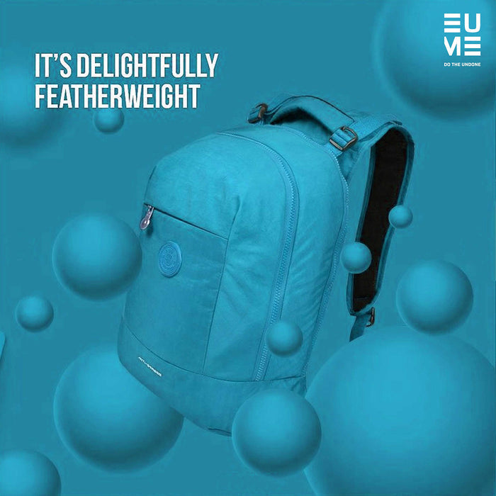 Sky blue Eume anti-stress built-in massager laptop backpack with two USB ports on a blue background and blue floating balls with text "It's Delightfully Featherweight"