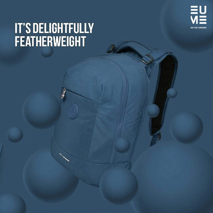 Sapphire Eume anti stress built in massager laptop backpack with two USB ports on a blue background with blue balls floating and text " It's Delightfully Featherweight"