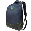 A navy blue and pear green EUME laptop backpack with an integrated massager feature and two USB ports, designed for anti-theft and water-resistance.