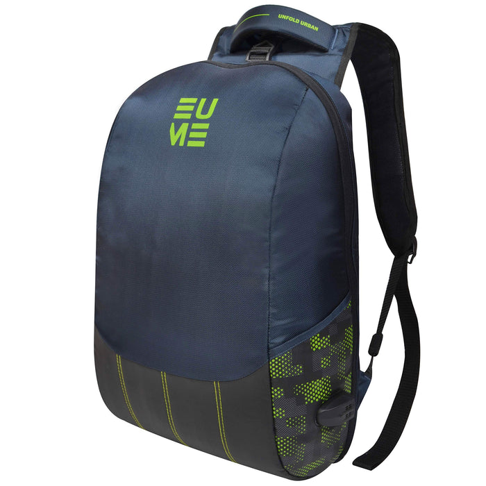 A navy blue and pear green EUME laptop backpack with an integrated massager feature and two USB ports, designed for anti-theft and water-resistance.