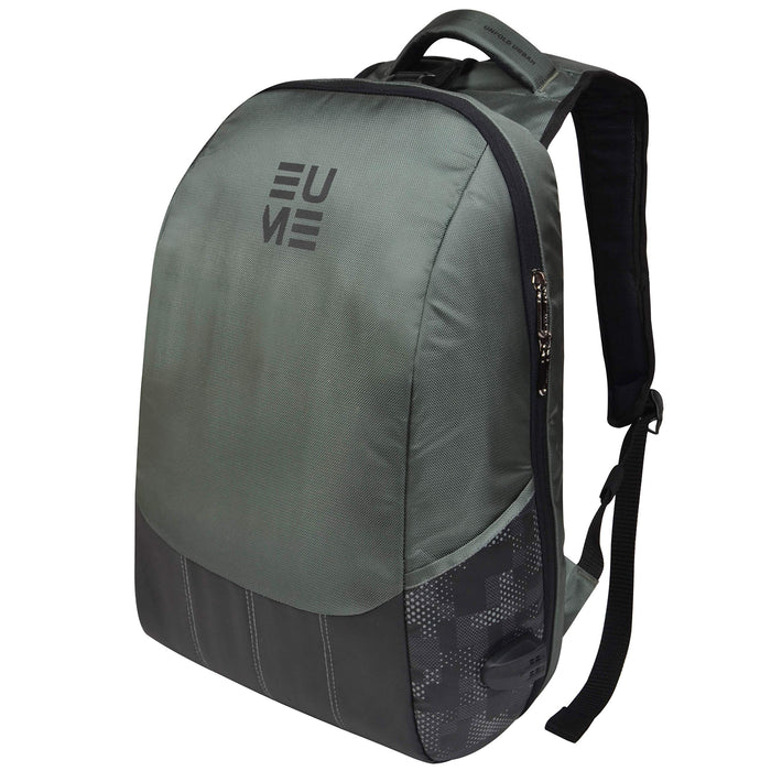 A gray and black EUME laptop backpack with an integrated massager feature and multiple storage compartments, including a front pocket and side mesh pockets.