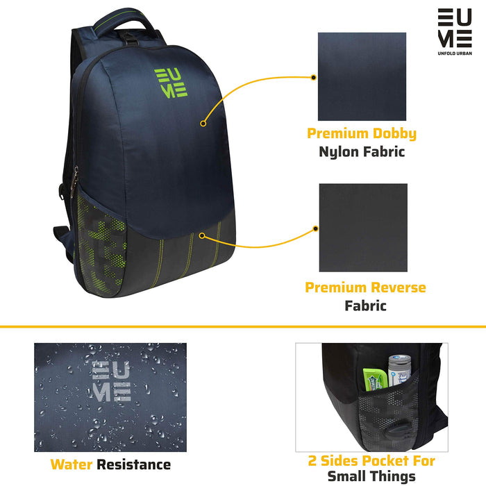Navy blue and pear green Eume backpack with what fabrics it is made up of, water resistance, and has two side pocket for small things on a white background
