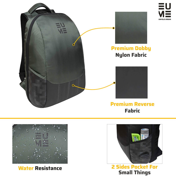 Grey and black Eume backpack with what fabrics it is made out of, water resistance, and has two side pockets for small things