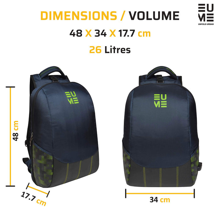 Navy blue and pear green Eume backpack with dimensions and volume on a white background
