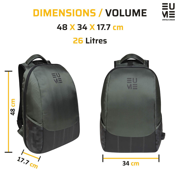 Grey and black Eume backpack with dimensions and volume on a white background