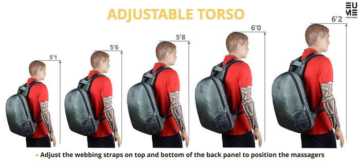 Grey and black Eume backpack and how it looks on different heights to demonstrate adjustable torso