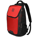 A red and black EUME backpack with a massager feature, designed for carrying a 15.6-inch laptop and equipped with multiple compartments.