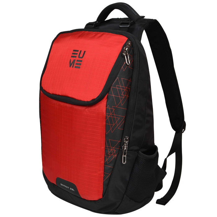 A red and black EUME backpack with a massager feature, designed for carrying a 15.6-inch laptop and equipped with multiple compartments.