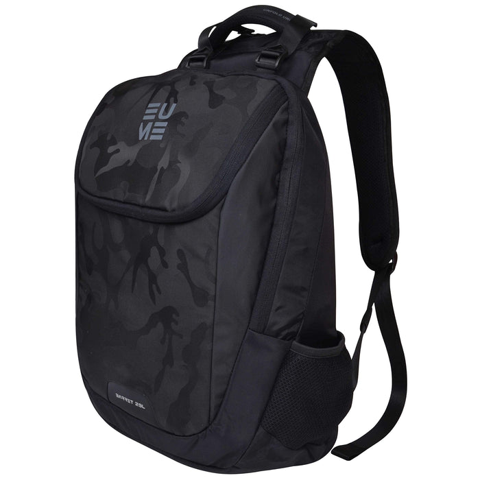 A camo black EUME massager backpack with a 15.6 inch laptop compartment and USB charging port.