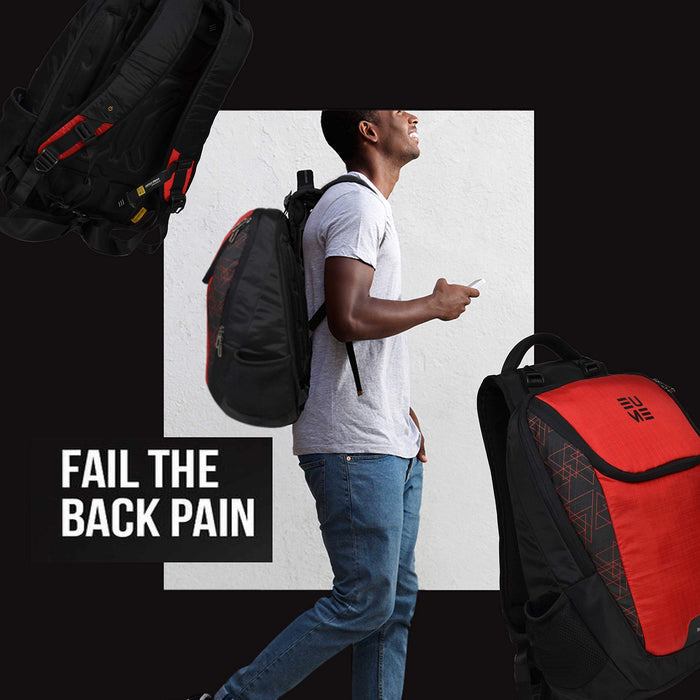 Individual wearing red and black Eume backpack on a white and black background with front and back view of backpack and text "Fail The Back Pain"