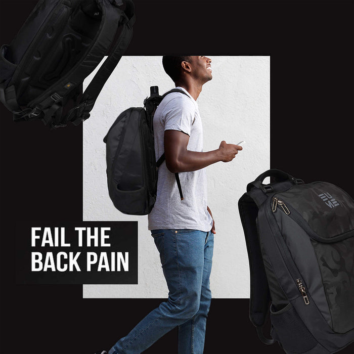 A man walking with the camo black Eume backpack with the front and back of the backpack on a white and black background with a text saying "Fail the Back Pain"