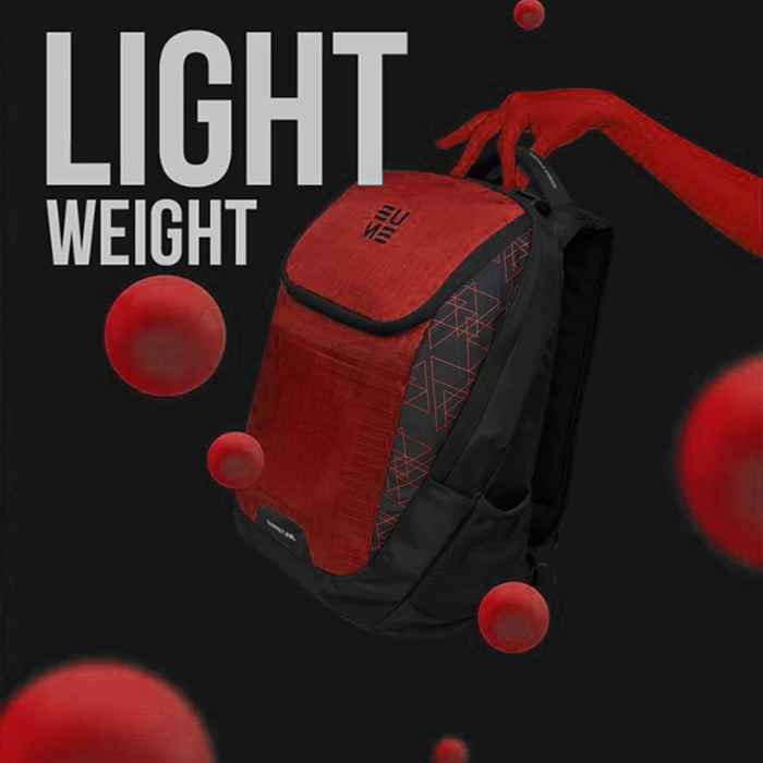 Red and black Eume backpack being held by an individual holding the backpack on a black surface and red balls floating with text "Light Weight"
