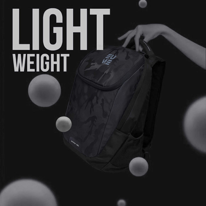 Camo black Eume backpack with someone holding it on a black surface with text saying "Light Weight" and light grey balls floating around