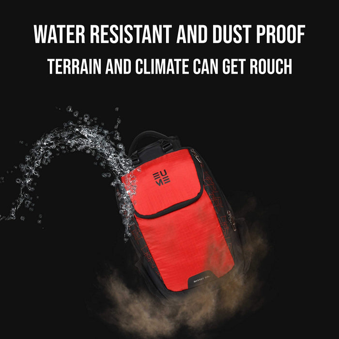 Red and black Eume backpack with water and dust surrounding backpack on a black background and text "Water Resistant And Dust Proof Terrain And Climate Can Get Rouch"