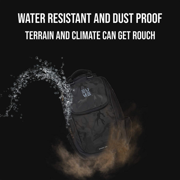 Camo black Eume backpack with water and dust around the backpack on a black background with text saying "Water Resistant and Dust Proof Terrain and Climate Can Get Rouch"