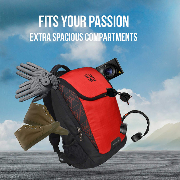 Red and black Eume backpack with items that fit inside placed in an outside setting and text "Fits Your Passion Extra Spacious Compartments"