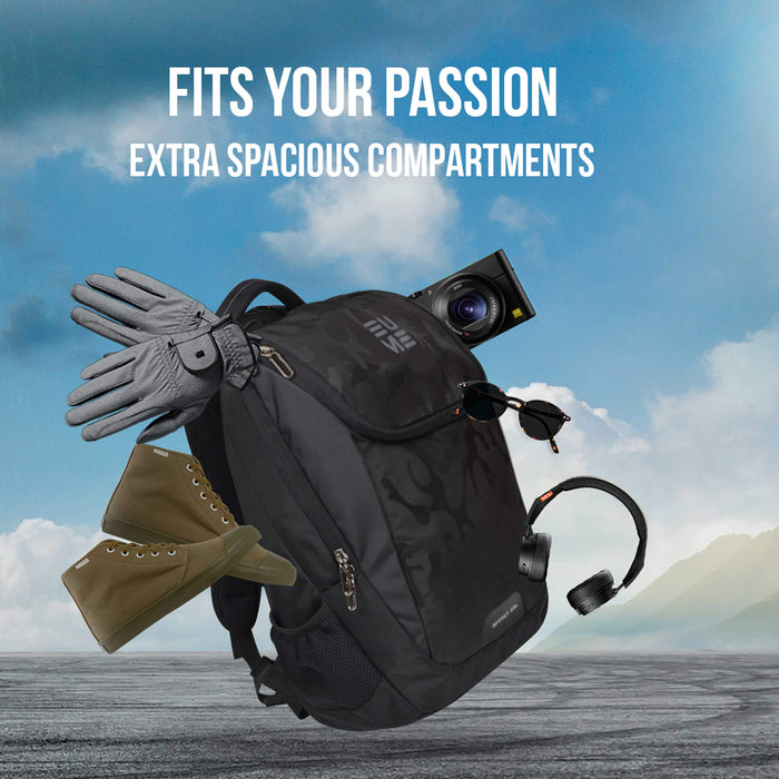 Camo black Eume backpack in an outdoor setting with items that can fit inside the backpack and text saying "Fits Your Passion Extra Spacious Compartments"