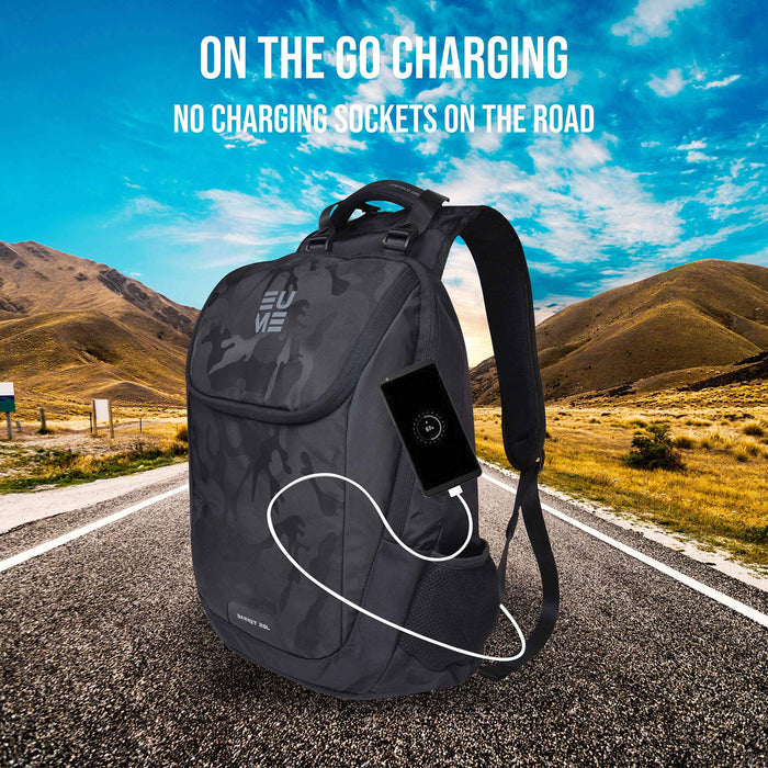 Eume camo black backpack on a road with hills and the sky in the background with text saying "On the Go Charging No Charging Sockets on the Road"