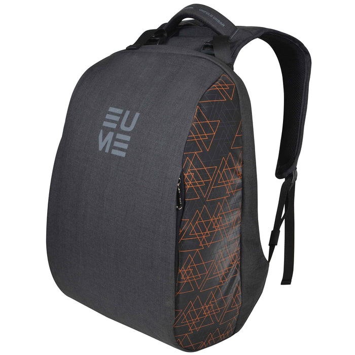 An orange and black EUME laptop backpack with a geometric pattern, featuring shoulder straps and a logo on the front.
