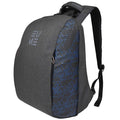A royal blue EUME backpack with a geometric pattern, featuring shoulder straps and a logo on the front.