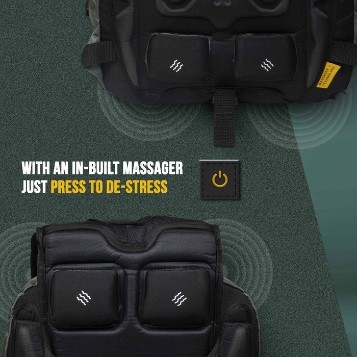 Back view of Eume backpack on a green background and text "With An In-Built Massager Just Press To De-Stress"