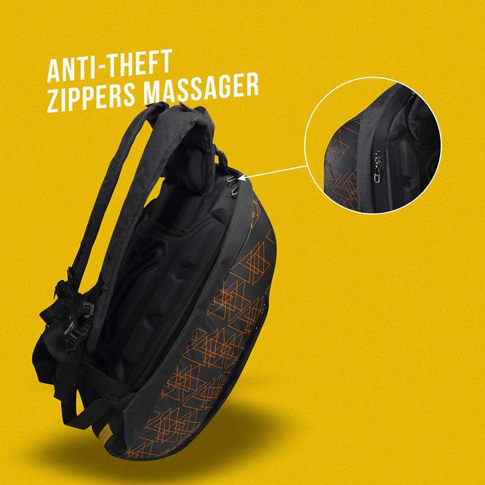 Side view of orange and black Eume backpack with close up of zipper section and text "Anti-Theft Zippers Massager" on a yellow background