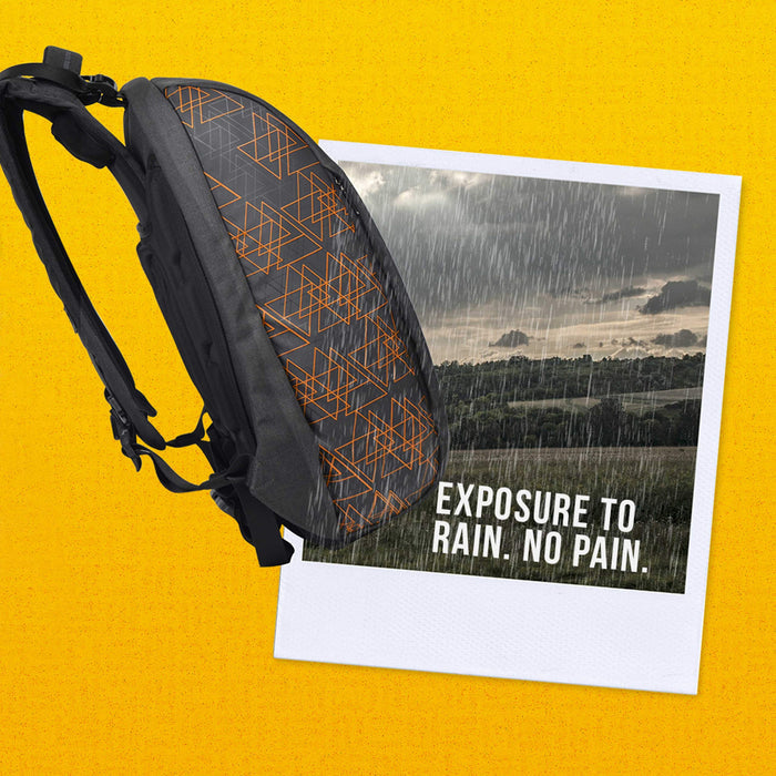 Side view of orange and black Eume backpack on a yellow background and polaroid picture of raining forest terrain with text "Exposure To Rain. No Pain."