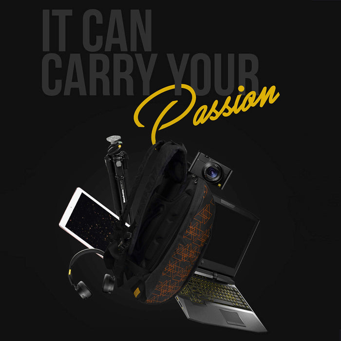 Orange and black Eume backpack with electronic items that are able to fit inside the backpack on a black background with text "It Can Carry Your Passion"