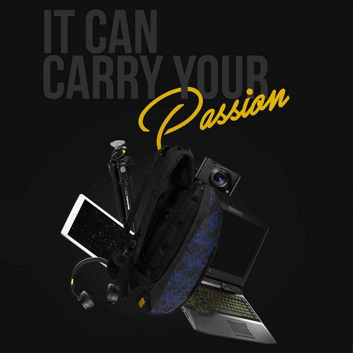 Blue and black Eume backpack with electronics that fit inside on a black background and text "It Can Carry Your Passion"