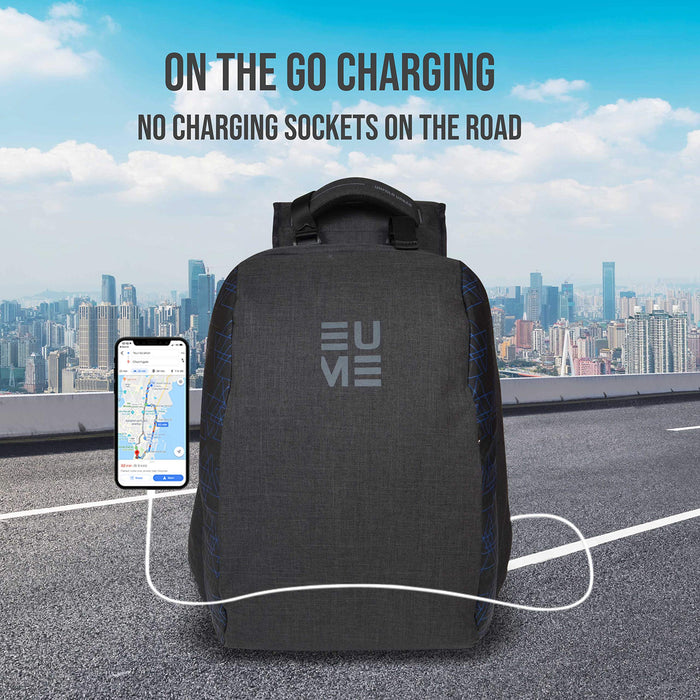 Blue and black Eume backpack with phone charging with USB port sitting on a rod with a city in the background and text "On The Go Charging No Charging Sockets On The Road"