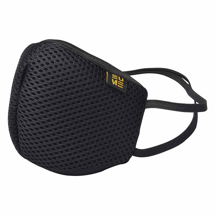 Black eume mesh face mask displayed on a white background