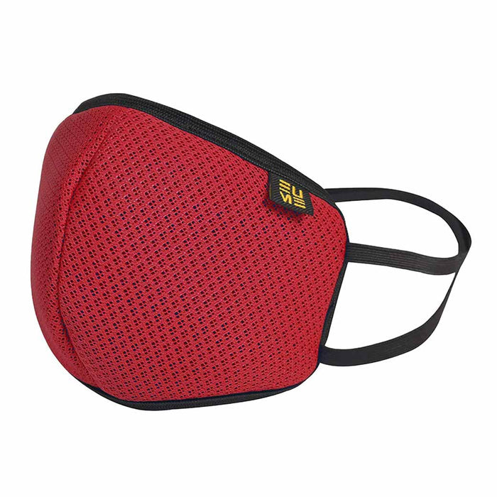 Red eume mesh face mask with black lining displayed on a white background
