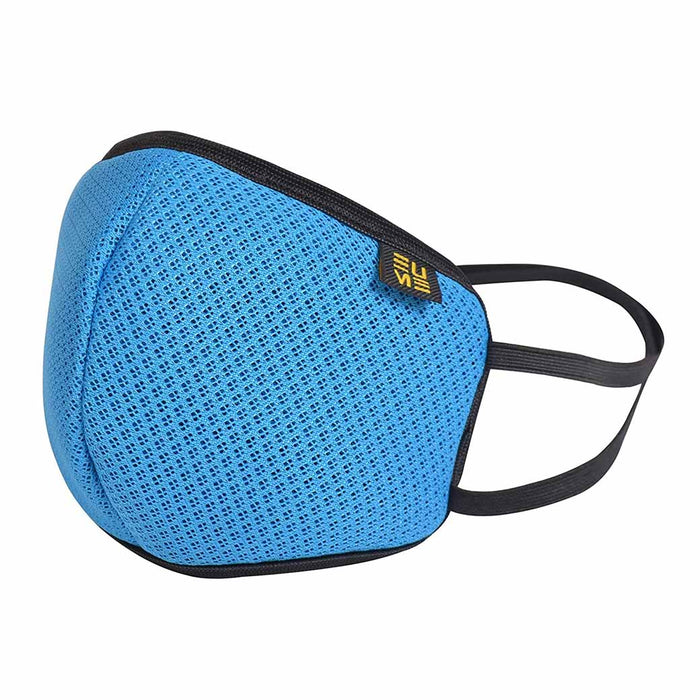 Blue eume mesh face mask with black lining displayed on a white background