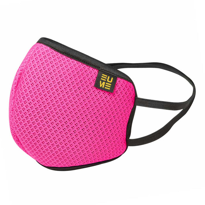 Pink face mask with black straps on a white background