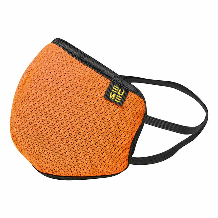 Orange eume mesh face mask with black lining displayed on a white background