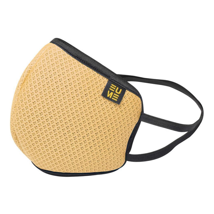 Beige eume mesh face mask with black lining displayed on a white background
