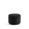 .4 Liter black cylindrical container with lid on a white background