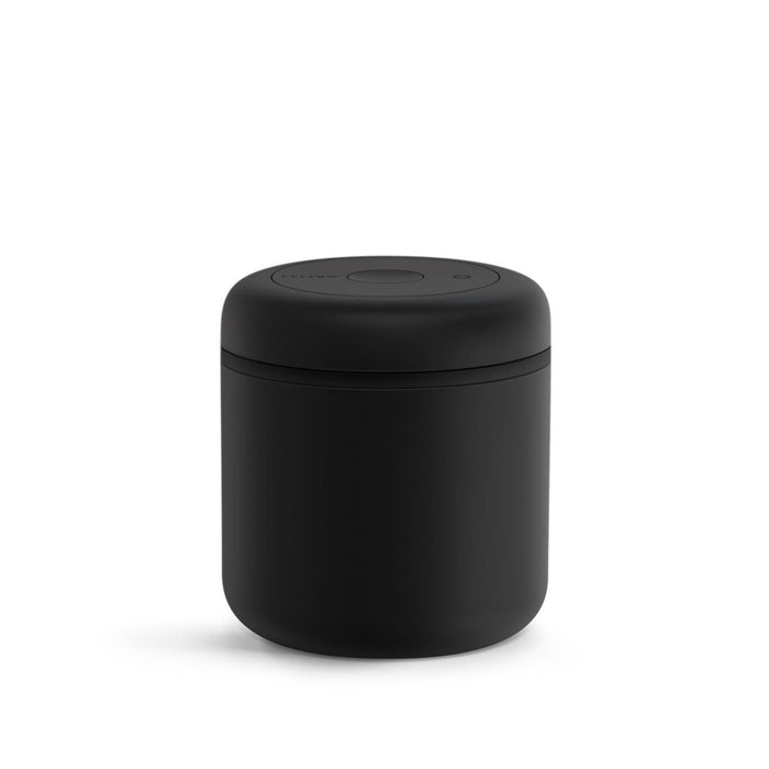 .7 Liter black cylindrical container with lid on a white background