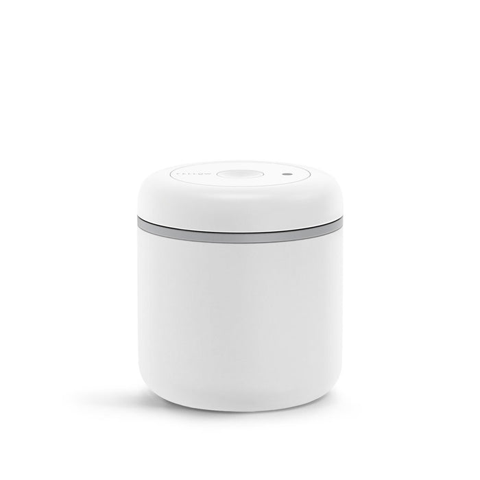 .7 Liter white cylindrical container with lid on a white background