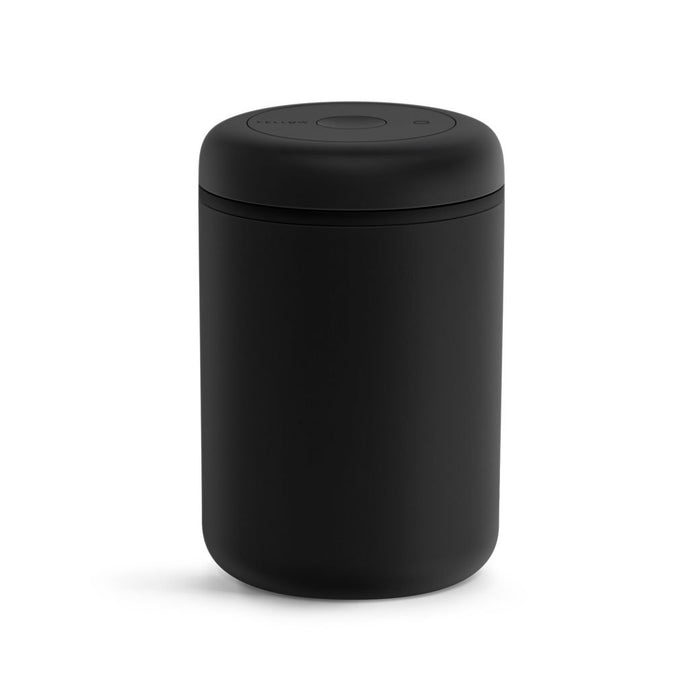 1.2 Liter black cylindrical container with lid on a white background
