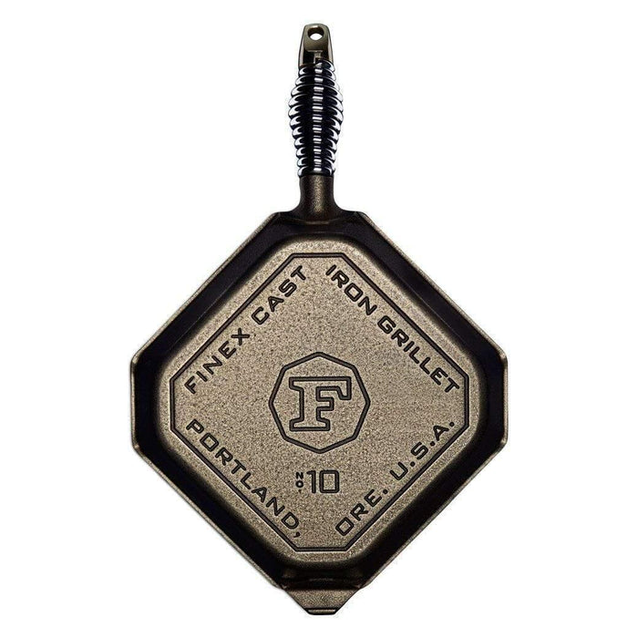 Bottom view of FINEX 10″ Cast Iron Grill Pan, Grillet displayed on a white background