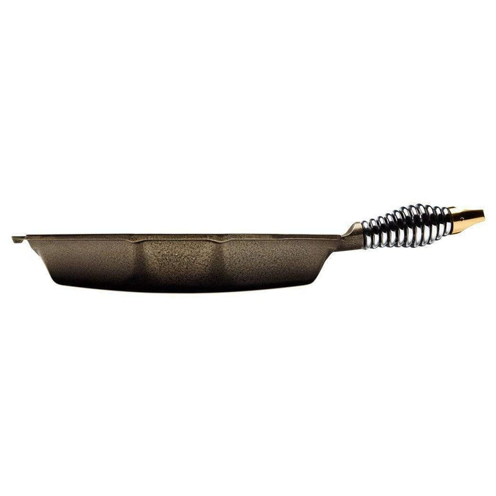 Side view of FINEX 10″ Cast Iron Grill Pan, Grillet displayed on a white background