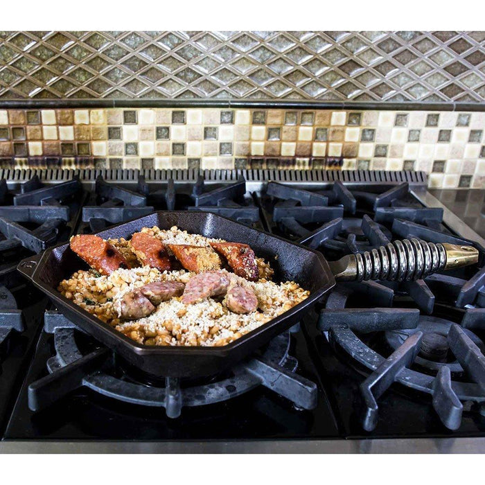 FINEX 10″ Cast Iron Grill Pan, Grillet displayed on an oven with food being cooked