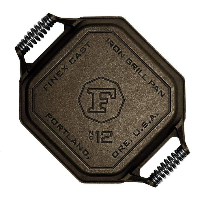 Bottom view of FINEX 12″ Cast Iron Grill Pan displayed on a white background